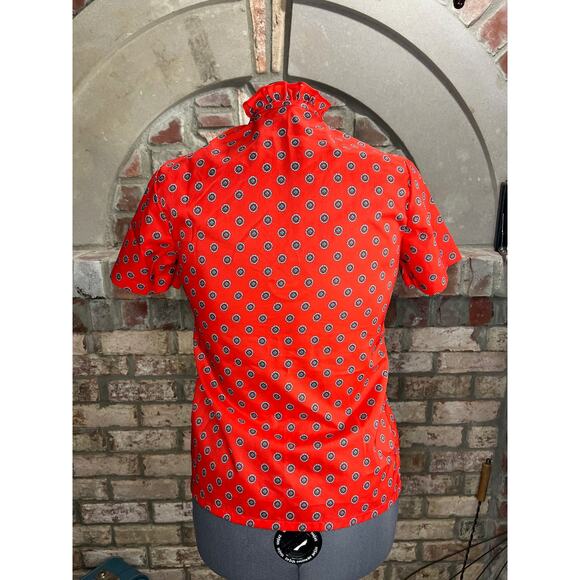 button up blouse ruffle collar tie neck red blue geometric - Picture 6 of 8